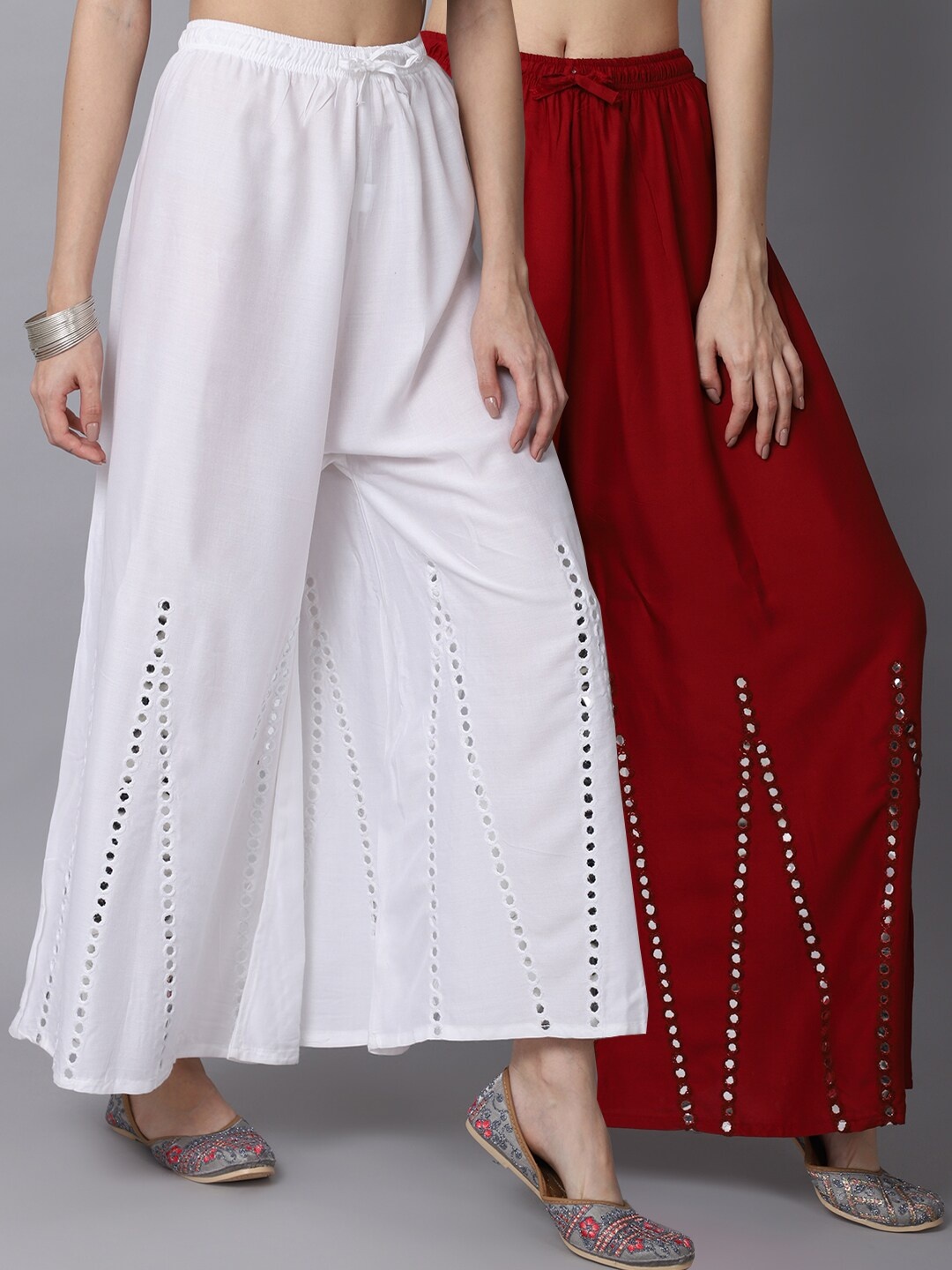

GRACIT Women White & Maroon Pack of 2 Mirror work Embroidered Flared Ethnic Palazzos