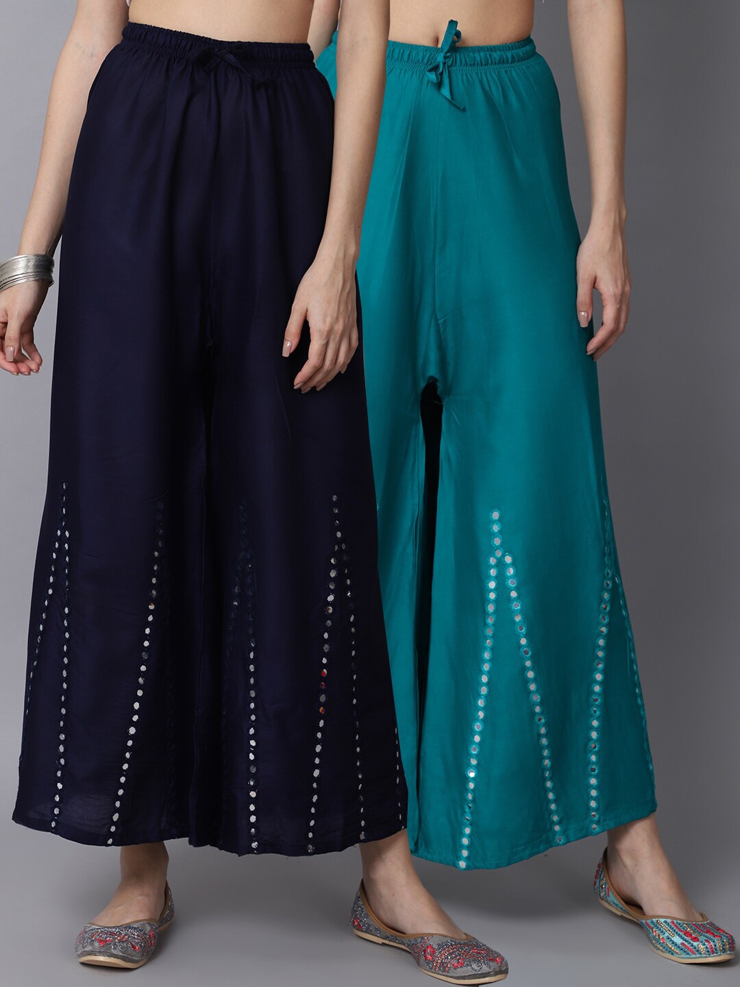 

GRACIT Women Navy Blue & Teal Green Pack of 2 Mirror work Embroidered Flared Palazzos