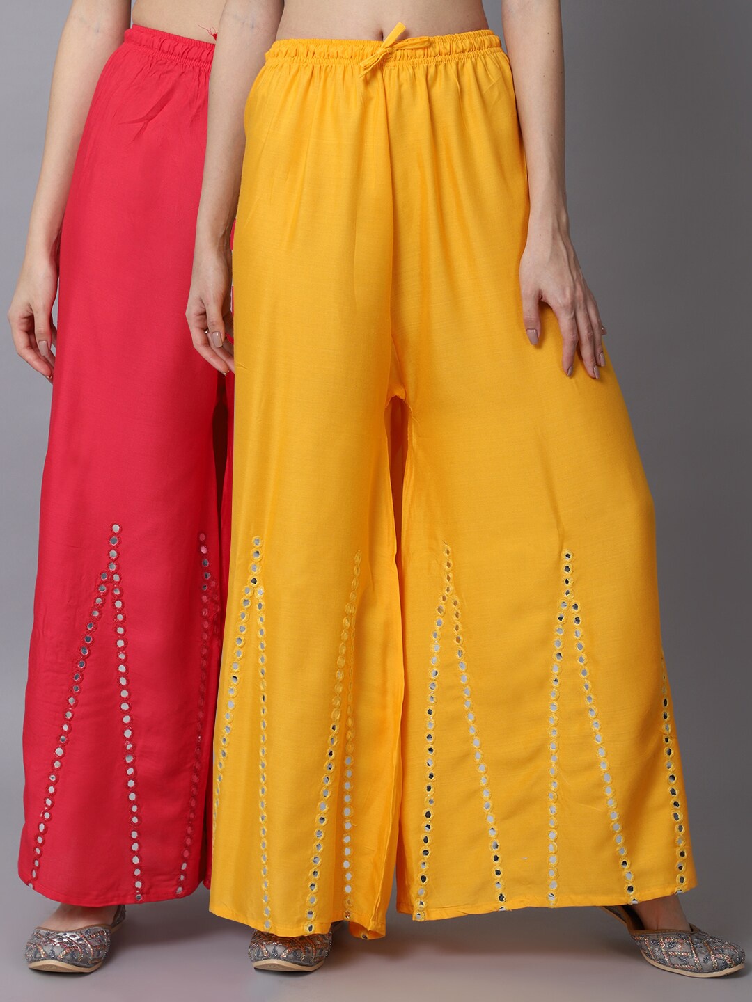 

GRACIT Women Yellow & Pink Pack of 2 Mirror work Embroidered Flared Ethnic Palazzos