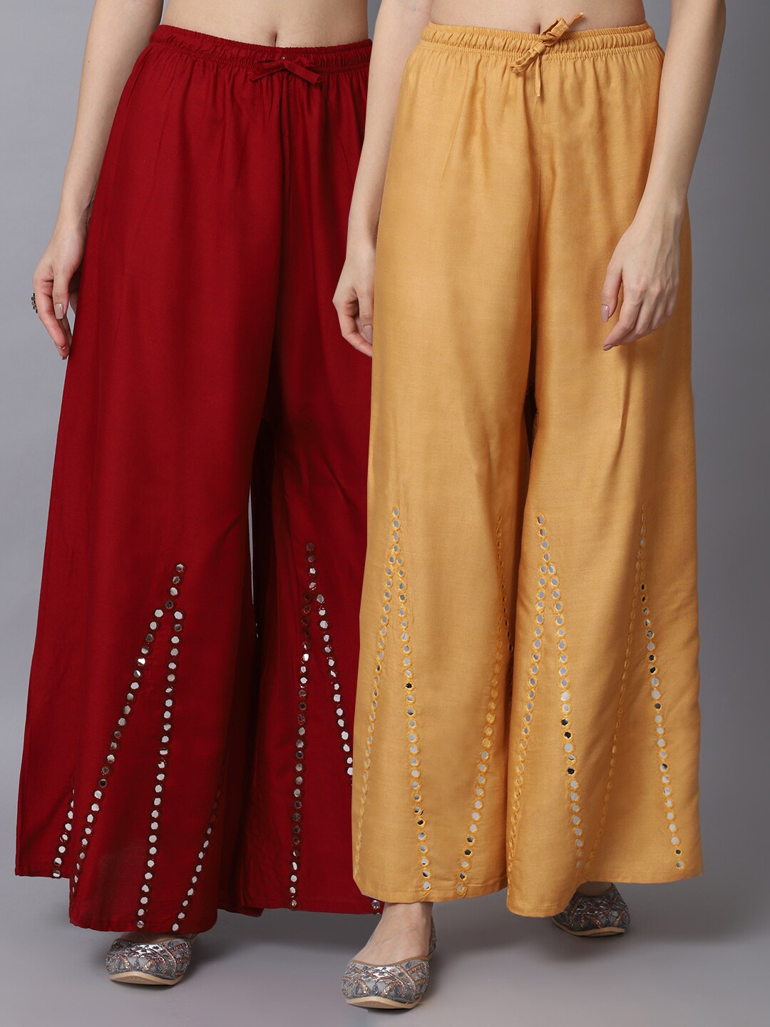 

GRACIT Women Beige & Maroon Pack of 2 Mirror work Embroidered Flared Ethnic Palazzos