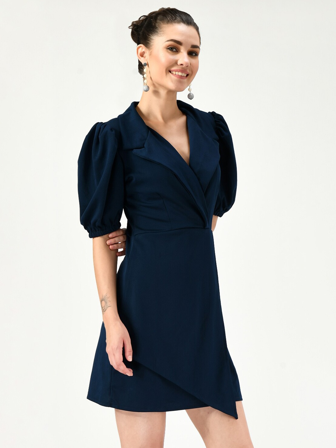 

IUGA Navy Blue Puff Sleeve Wrap Dress