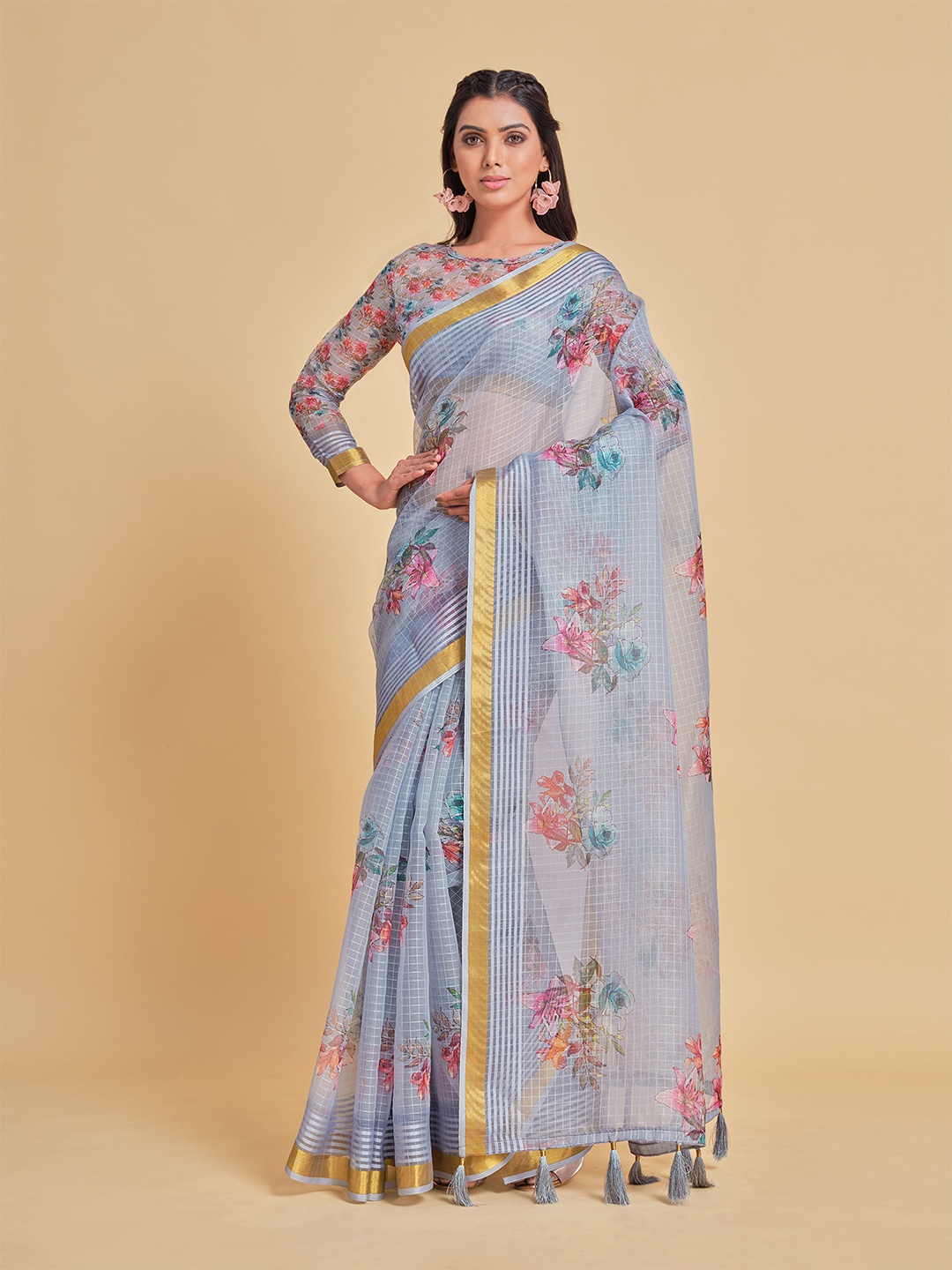 

all about you Blue & Gold Checked Zari Organza Saree