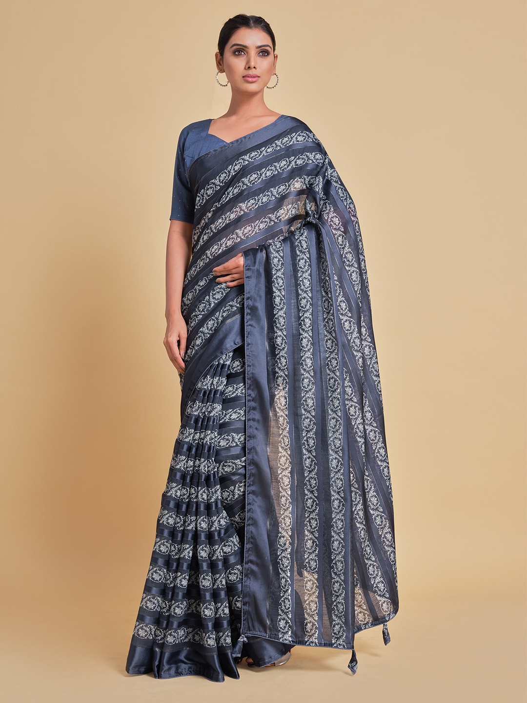 

all about you Navy Blue Floral Pure Cotton Saree