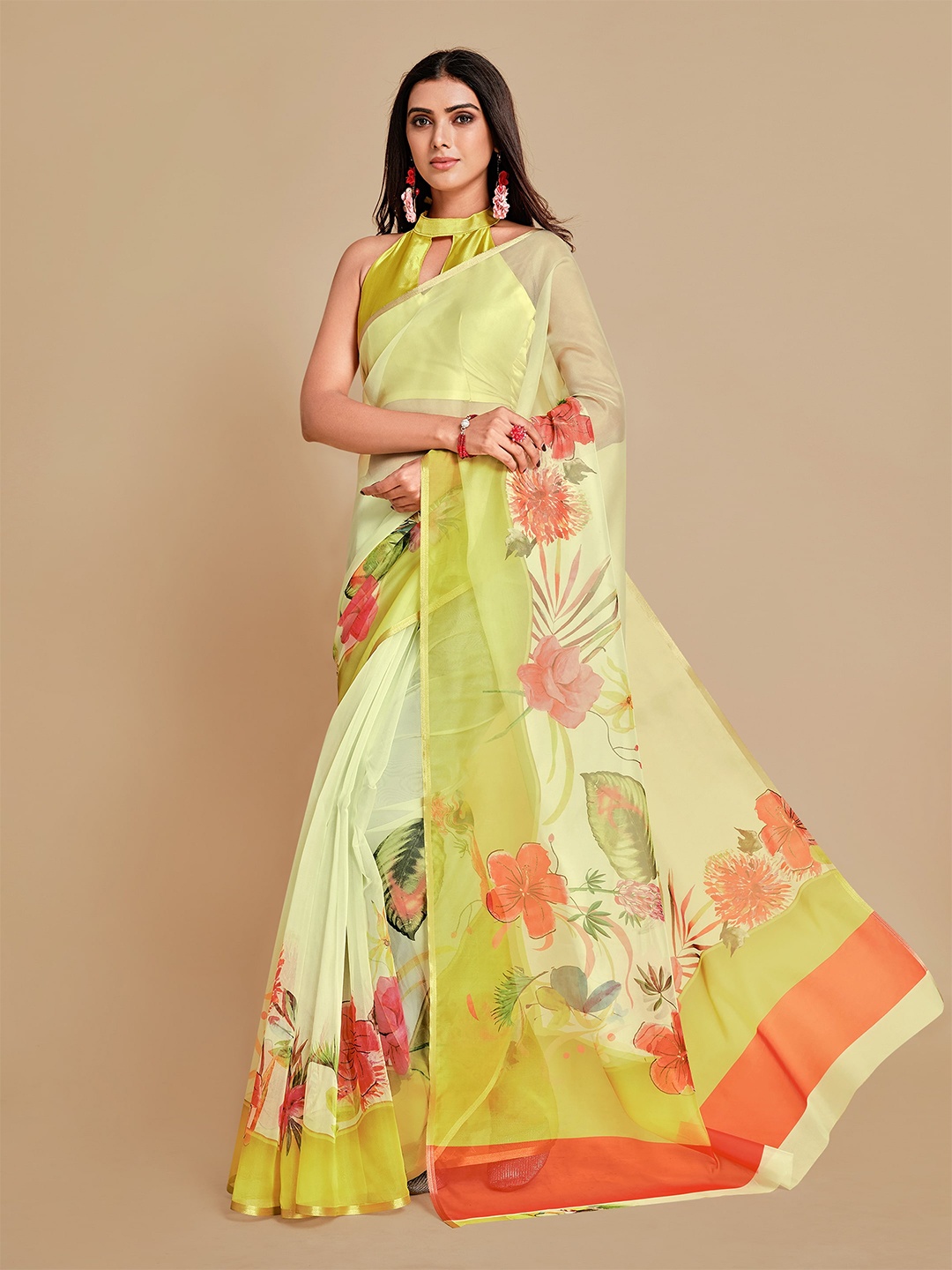 

all about you Cream-Coloured & Green Floral Zari Organza Saree
