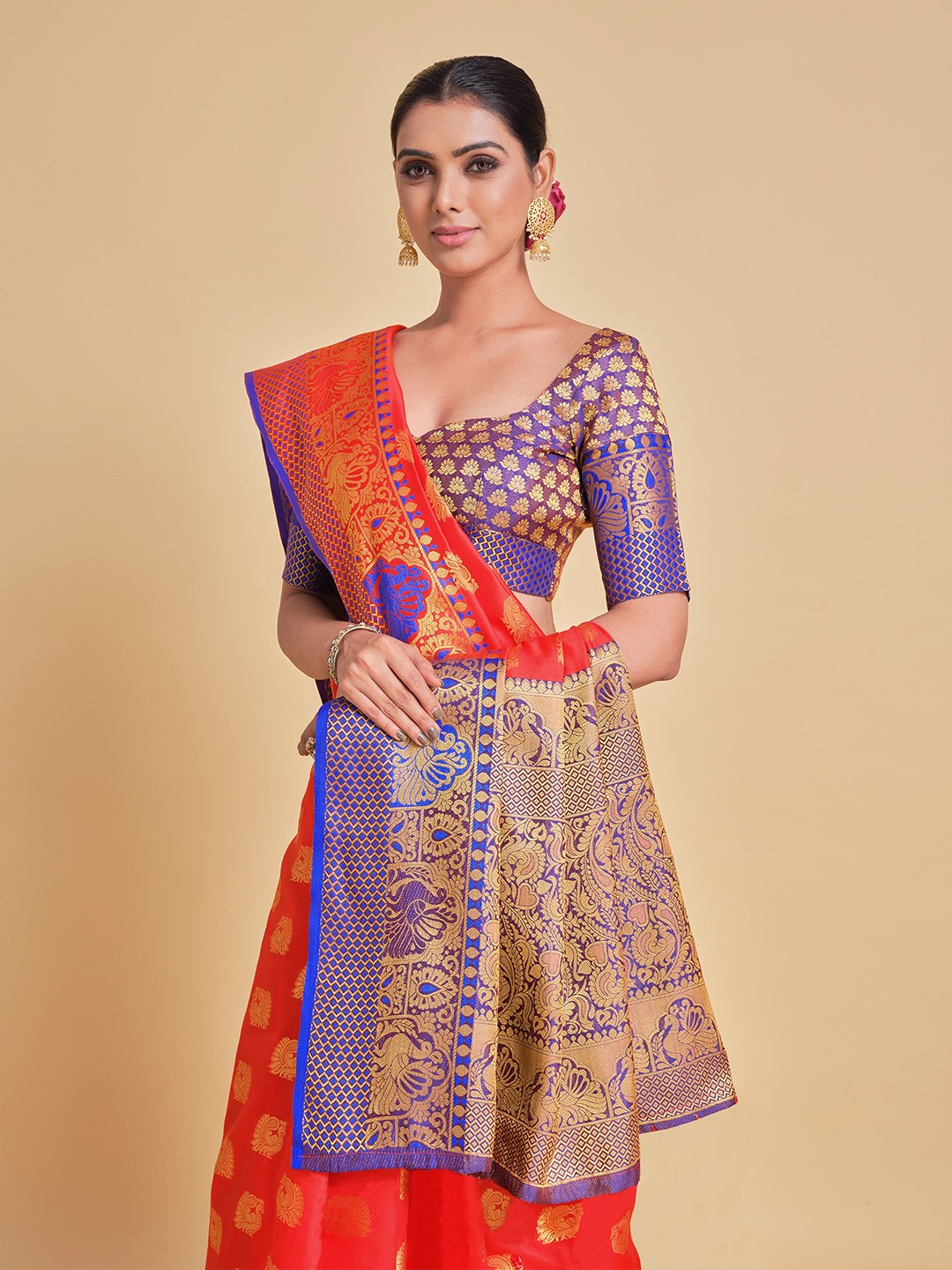 

all about you Red & Blue Woven Design Zari Silk Blend Banarasi Saree