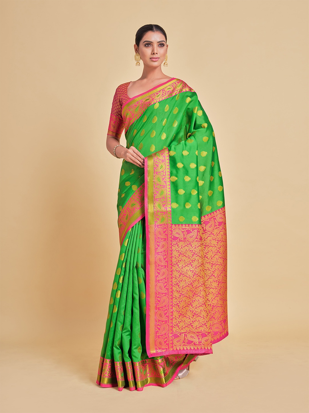 

all about you Green & Pink Ethnic Motifs Zari Silk Blend Banarasi Saree