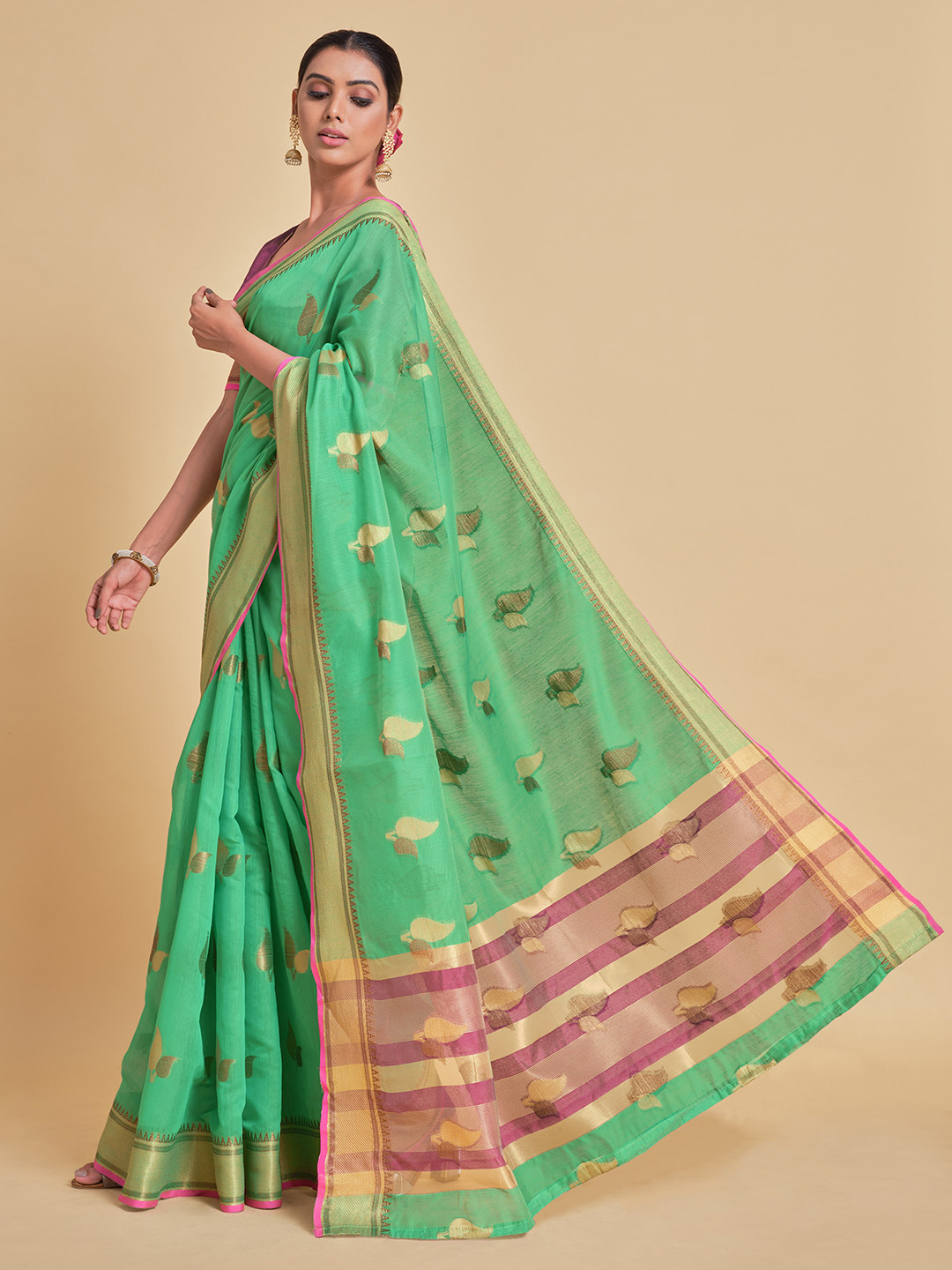 

all about you Green & Pink Woven Design Zari Silk Cotton Banarasi Saree