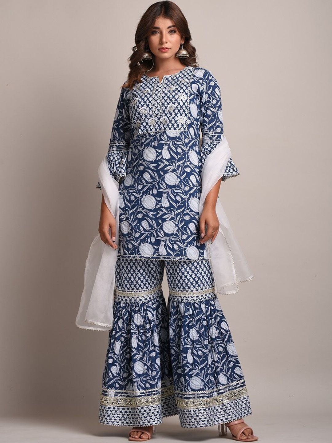 

TRISHLA INDIA Women Blue Printed Pure Cotton Kurta with Trousers & With Dupatta