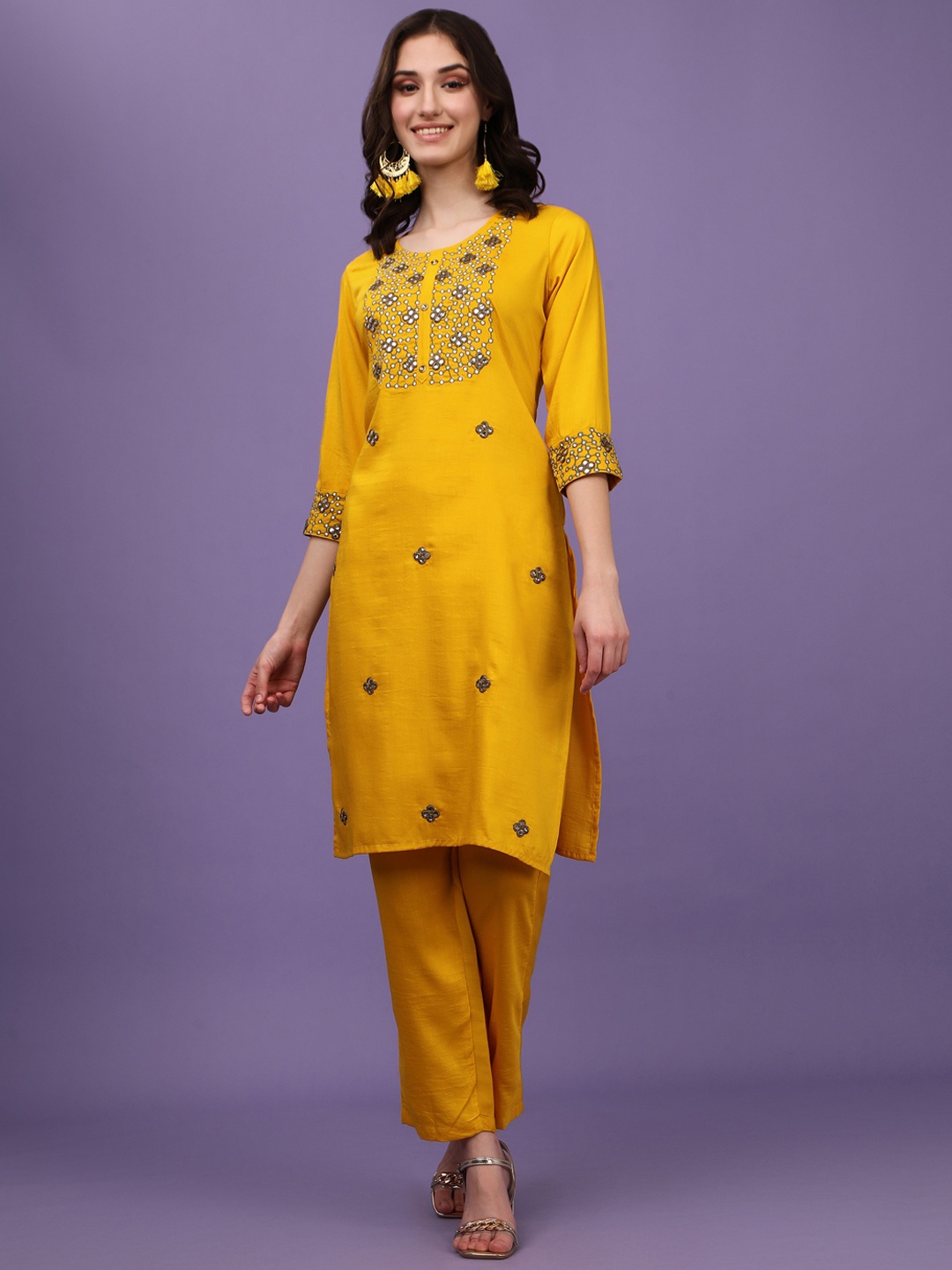 

ASPORA Women Yellow Floral Embroidered Mirror Work Silk Chiffon Kurta with Trousers & With Dupatta