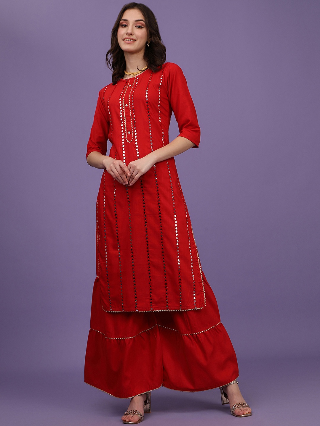 

ASPORA Women Red Leheriya Embroidered Mirror Work Kurta with Sharara & With Dupatta