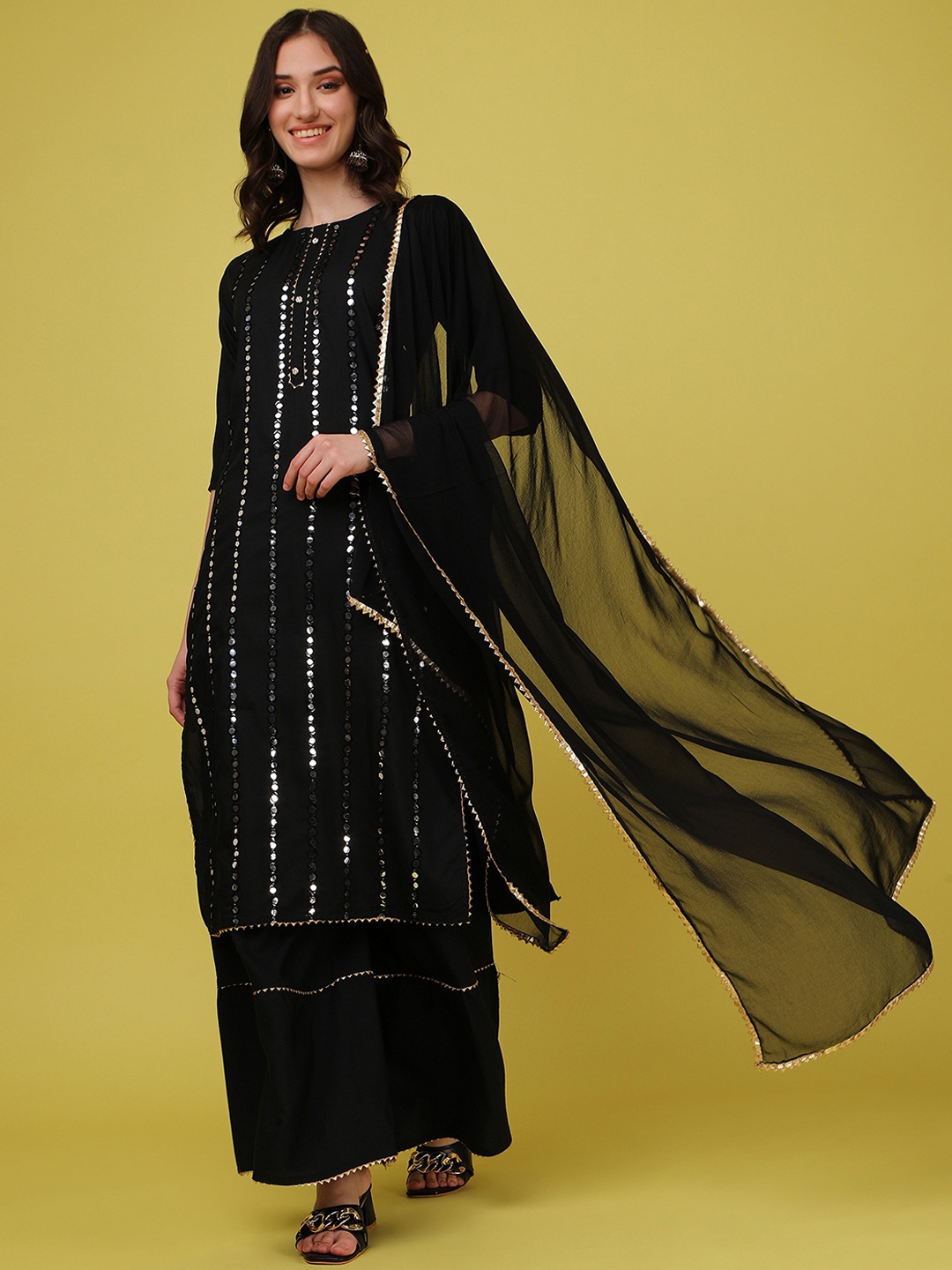 

ASPORA Women Black Leheriya Striped Mirror Work Kurta with Sharara & With Dupatta