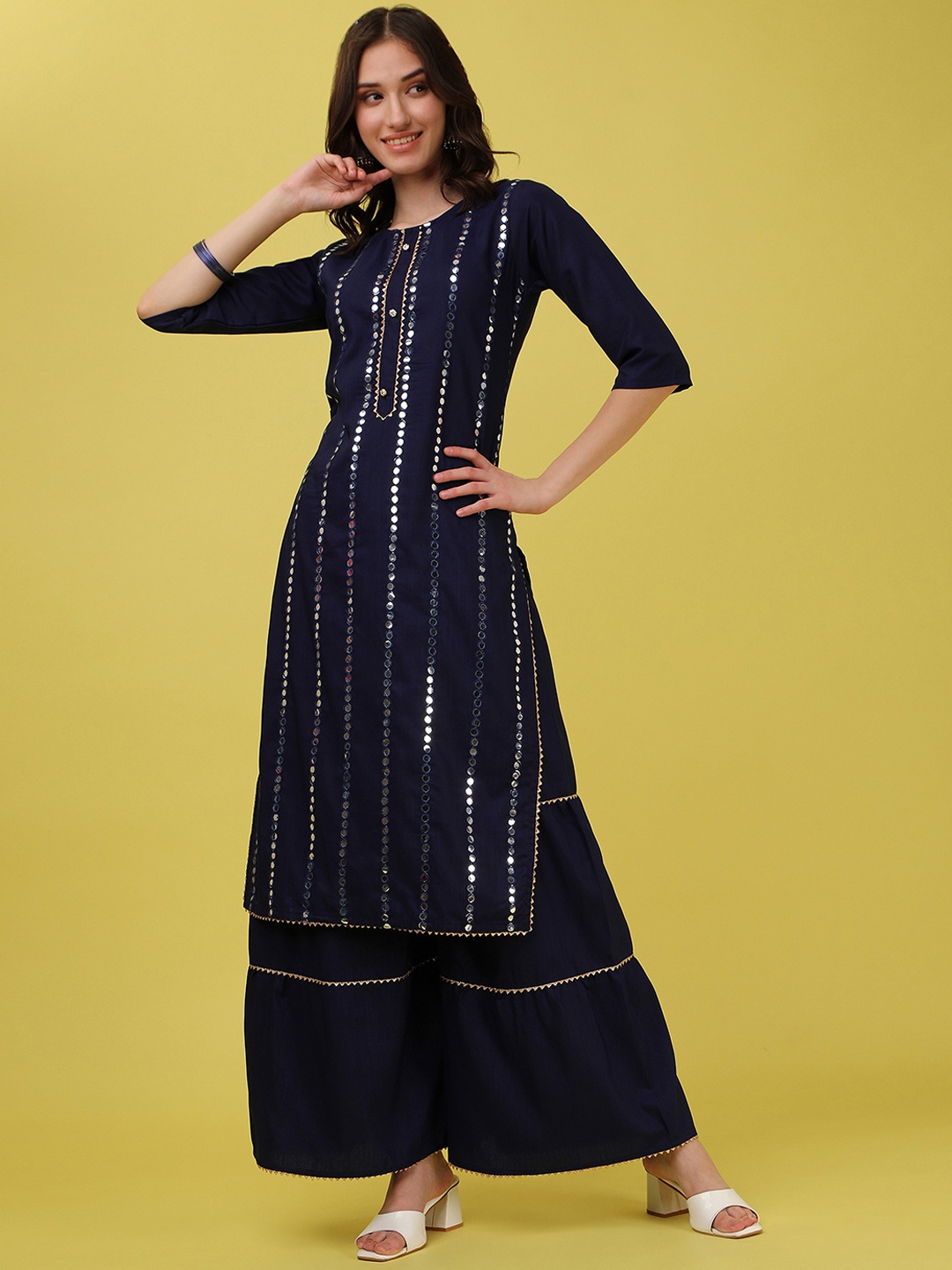 

ASPORA Women Navy Blue Embroidered Mirror Work Kurta with Sharara & With Dupatta