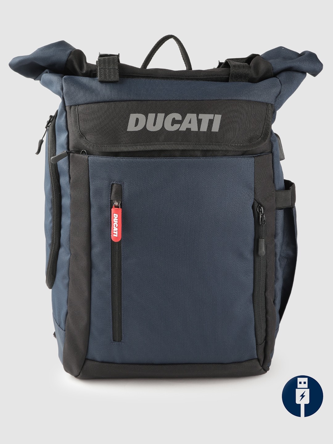 

Ducati Unisex Navy Blue & Black Colourblocked Backpack with Brand Logo Print Detail