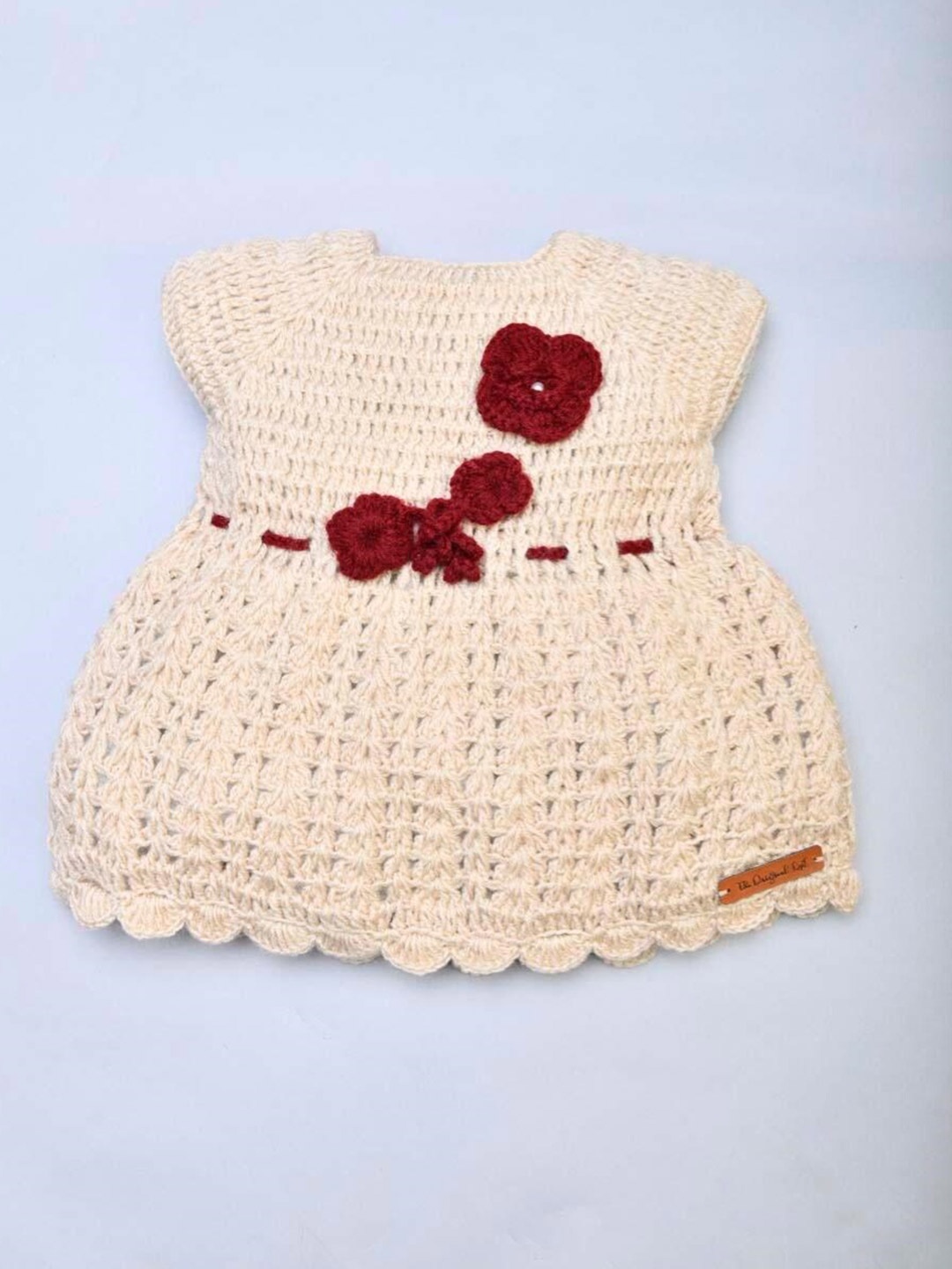 

The Original Knit Girls Beige A-Line Knitted Dress with Flower Detail