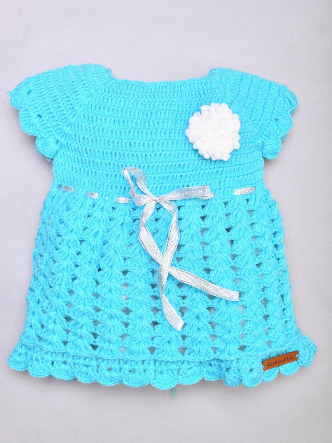 

The Original Knit Girls Blue A-Line Knitted Dress with Flower Detail