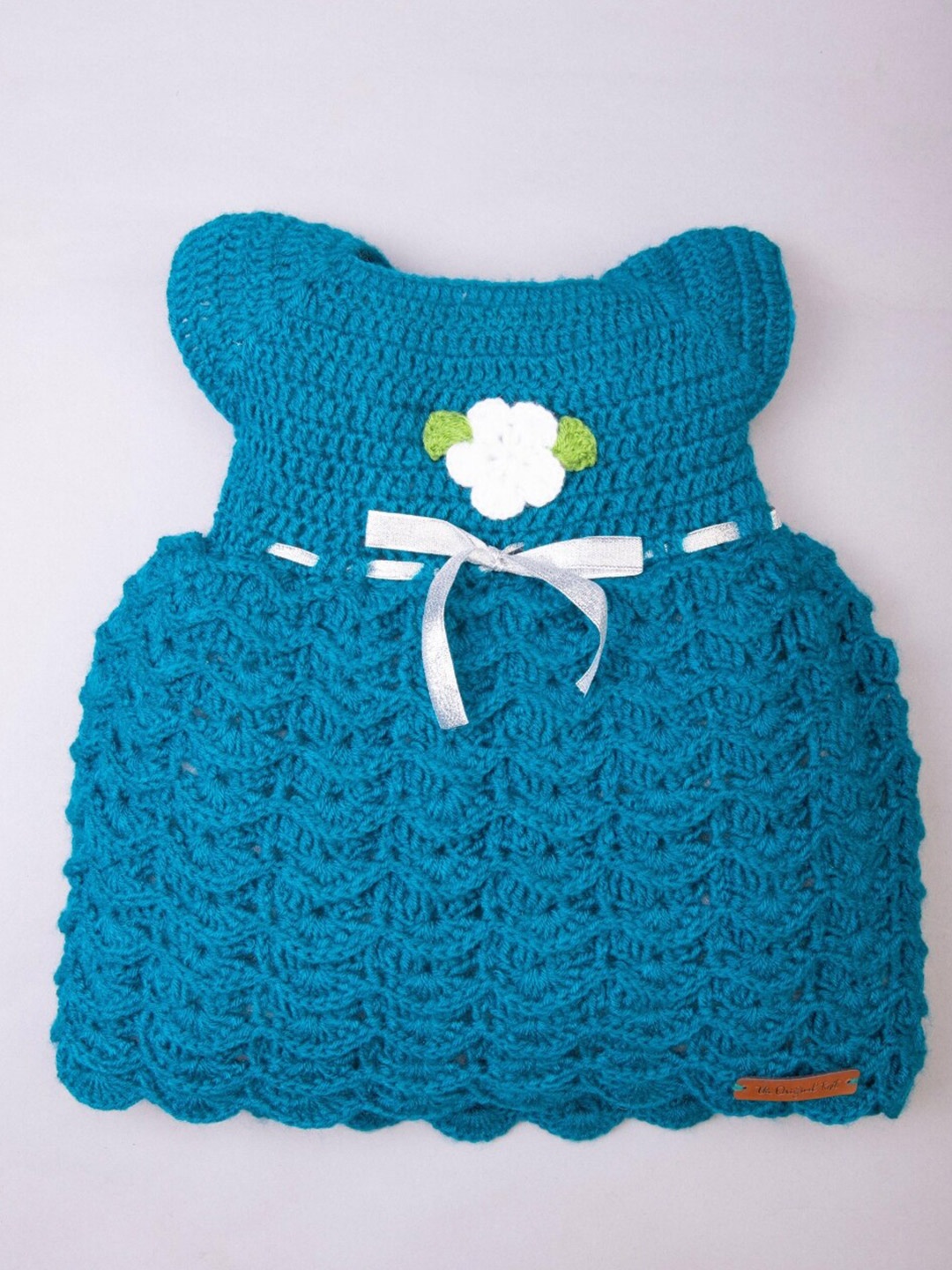 

The Original Knit Girls Blue A-Line Knitted Dress with Flower Detail