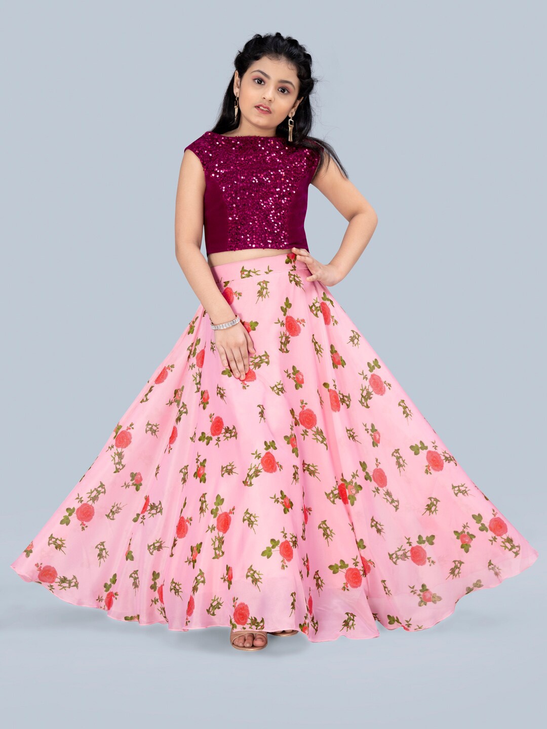 

FASHION DREAM Girls Pink & Purple Embellished Sequinned Ready to Wear Lehenga Choli