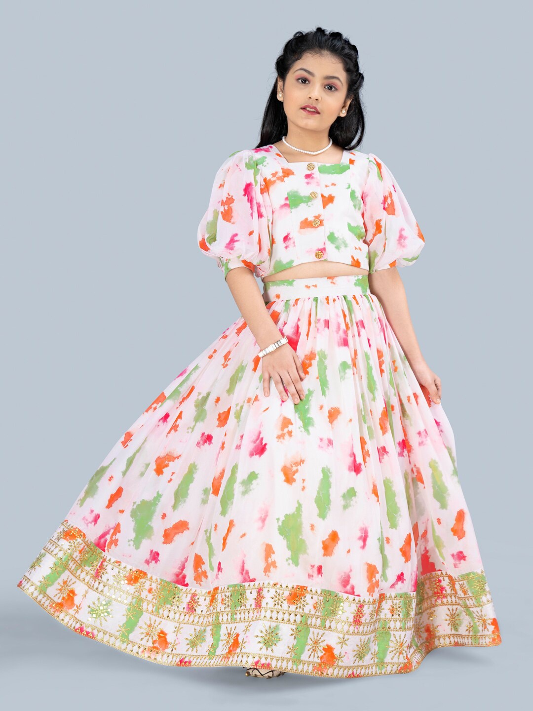 

FASHION DREAM Girls Printed Ready to Wear Lehenga & choli, White