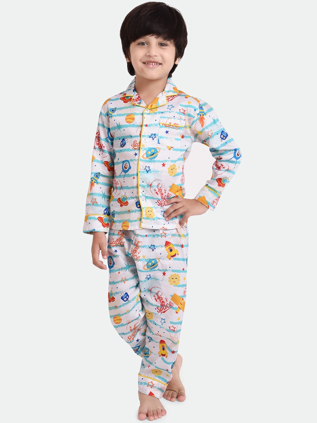 

KOOCHI POOCHI Unisex Kids White & Blue Printed Pure Cotton Night Suit