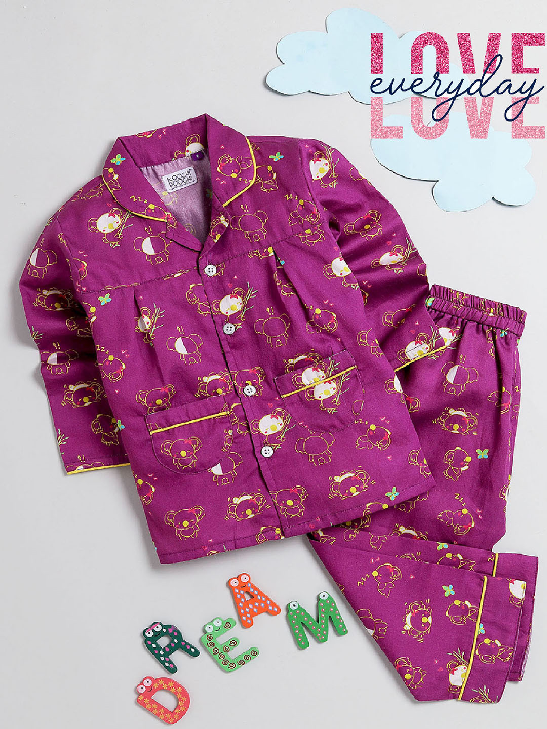 

KOOCHI POOCHI Girls Magenta & White Printed Pure Cotton Night suit
