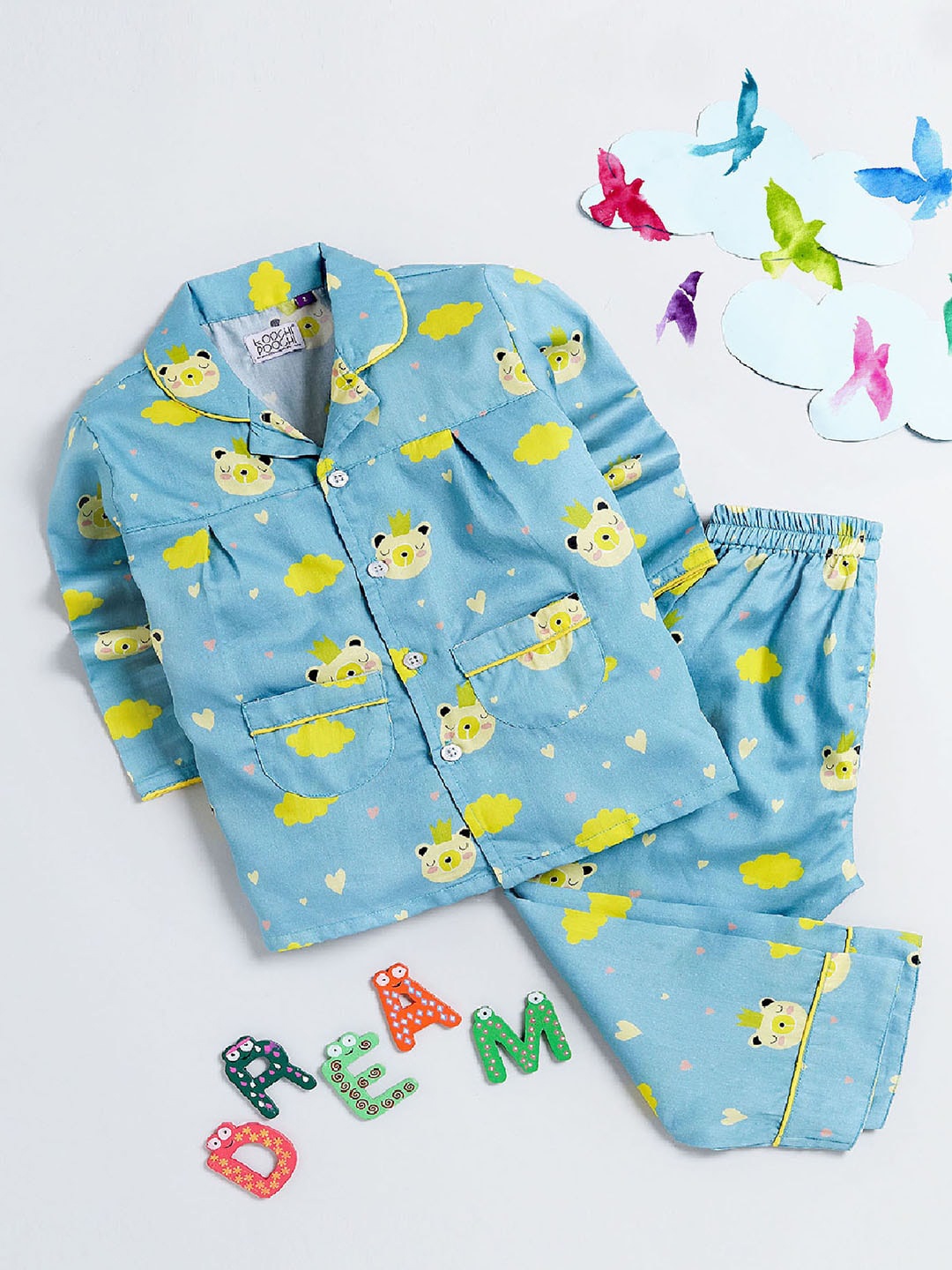 

KOOCHI POOCHI Girls Blue & Yellow Printed Pure Cotton Night suit