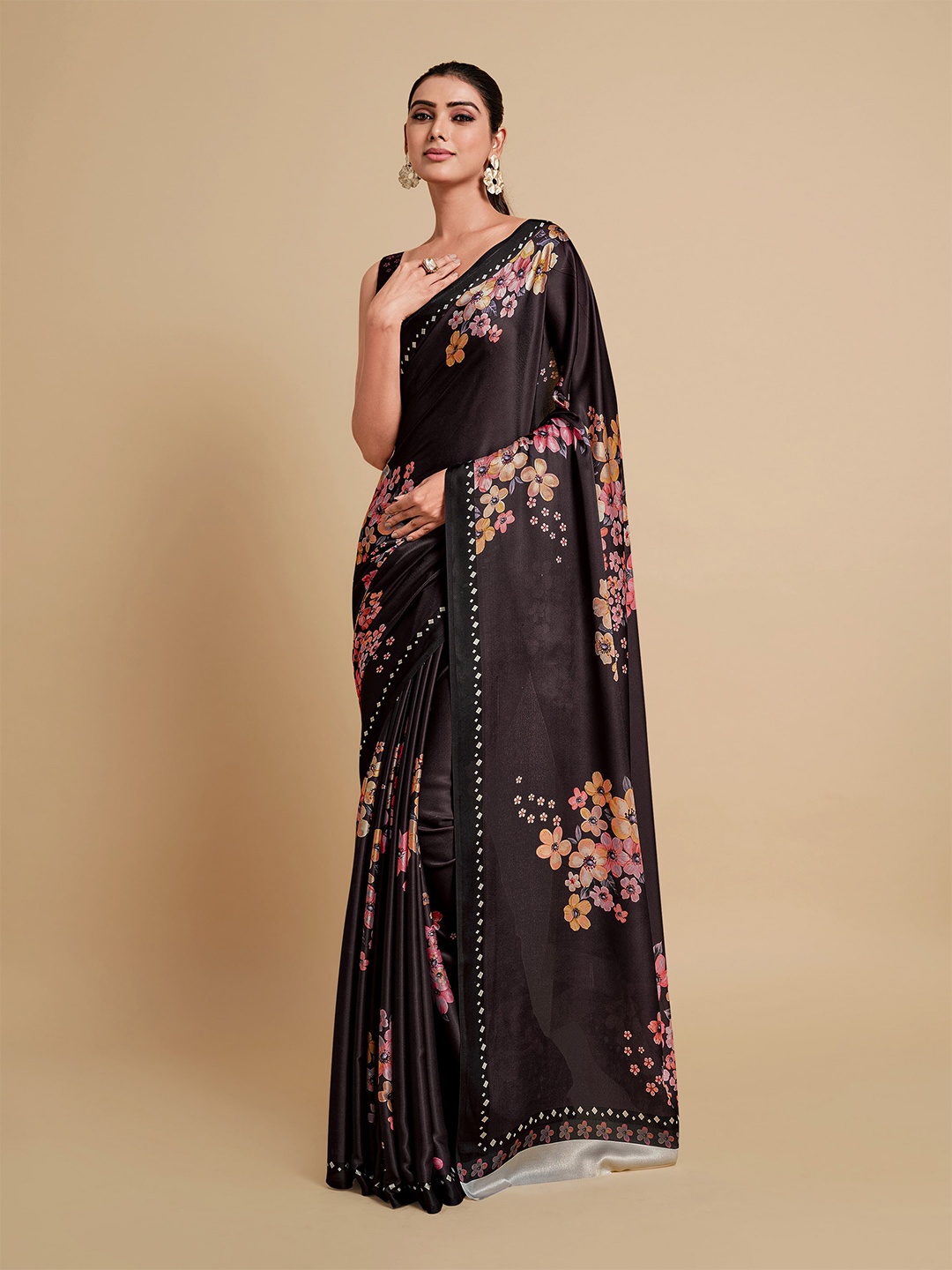 

all about you Black & Pink Floral Satin Saree