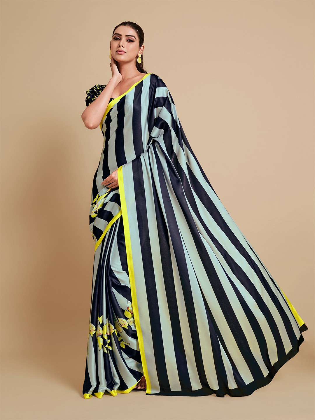 

all about you Grey & Yellow Striped Satin Saree
