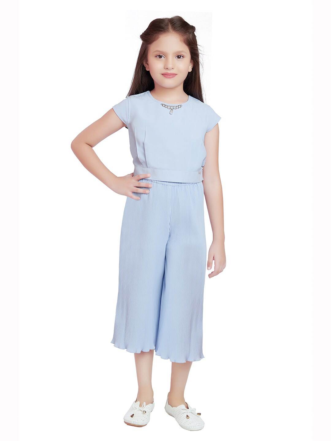

Tiny Baby Girls Blue Solid Round Neck Top with Pyjama