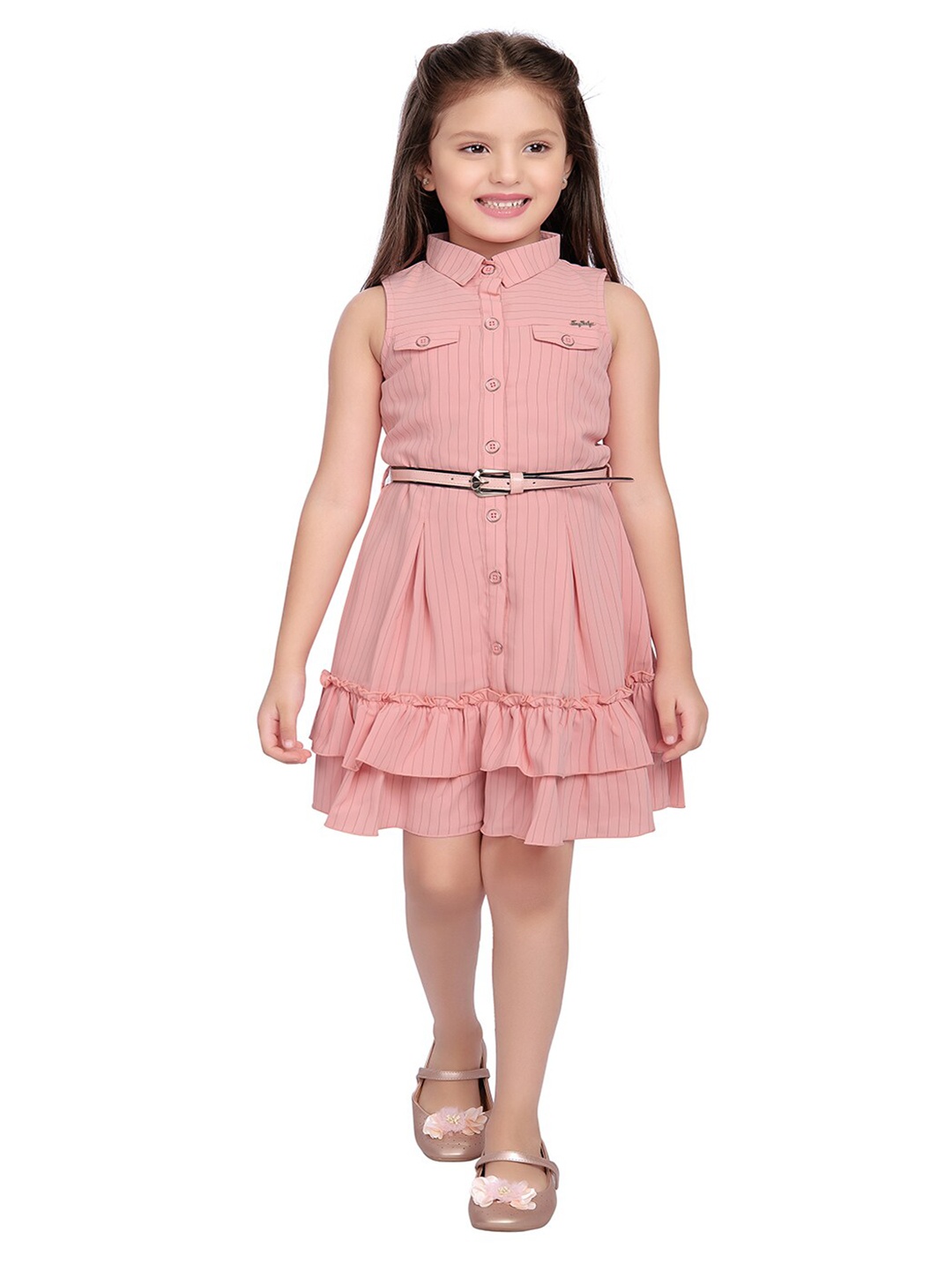 

Tiny Baby Girls Striped Sleeveless Shirt Dress with Belt, Peach