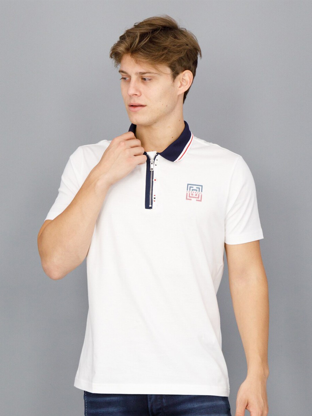 

FREESOUL Men White Polo Collar Pure Cotton T-shirt