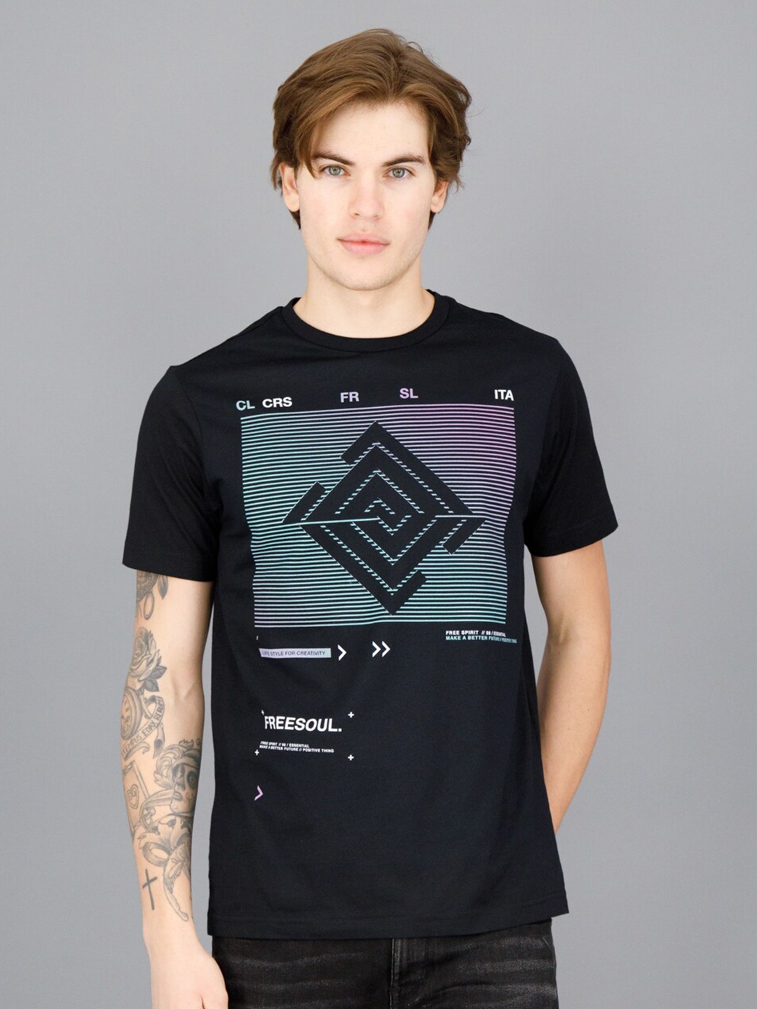 

FREESOUL Men Black Printed Pure Cotton T-shirt