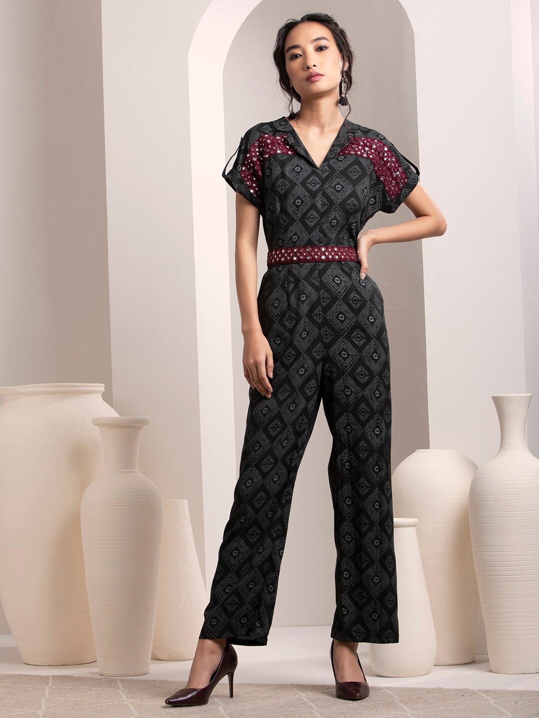 

INDYA Black & Maroon Printed Basic Jumpsuit with Embellishment