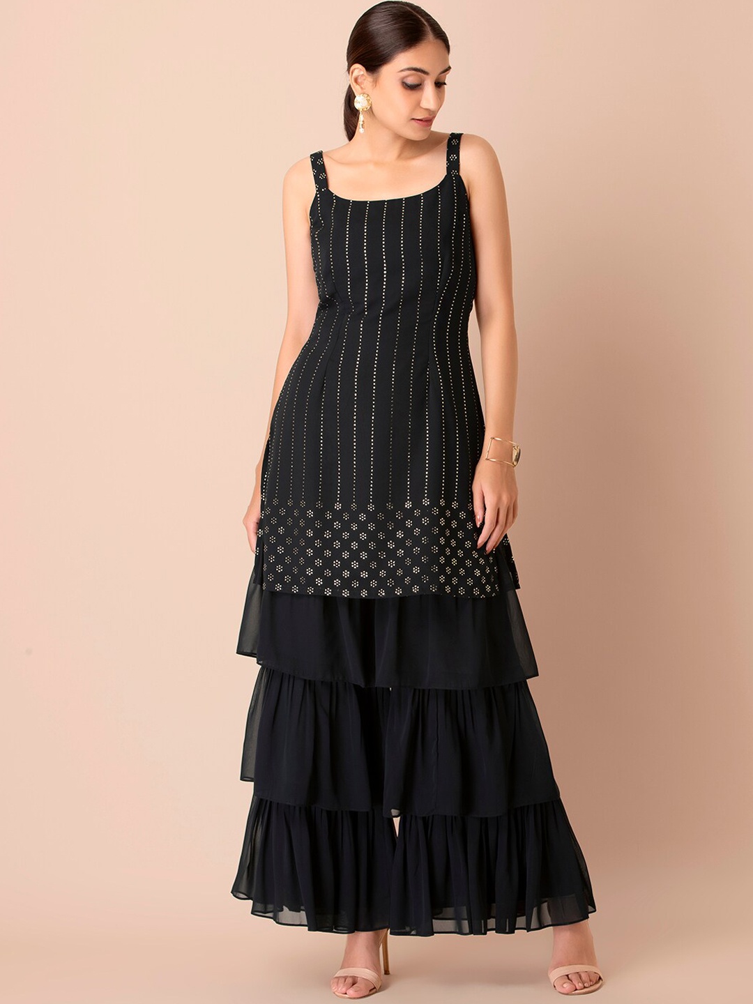 

INDYA Women Geometric Printed Thread Work Georgette Kurta, Black