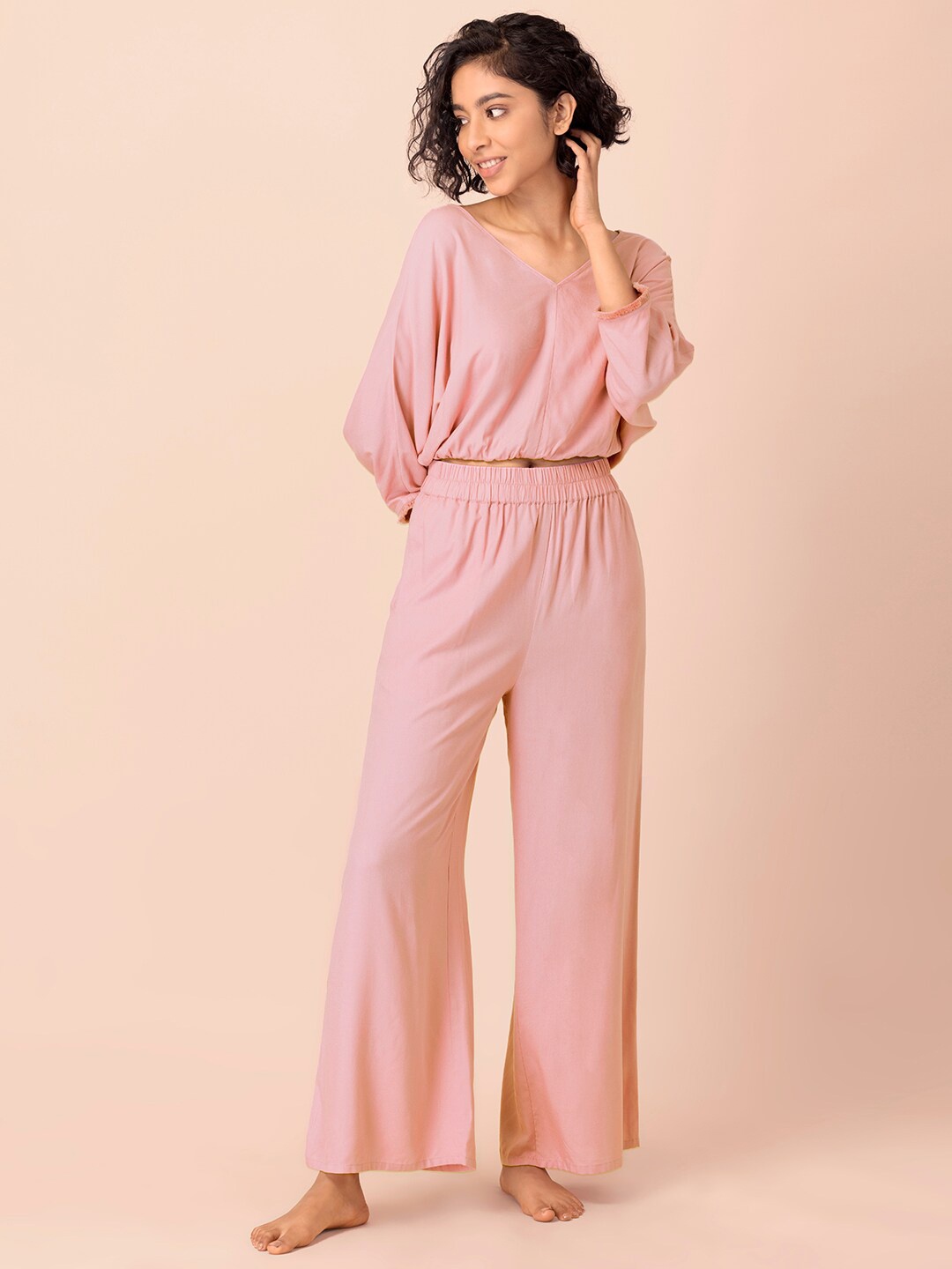 

INDYA Women Pink Solid Crop Top With Trousers