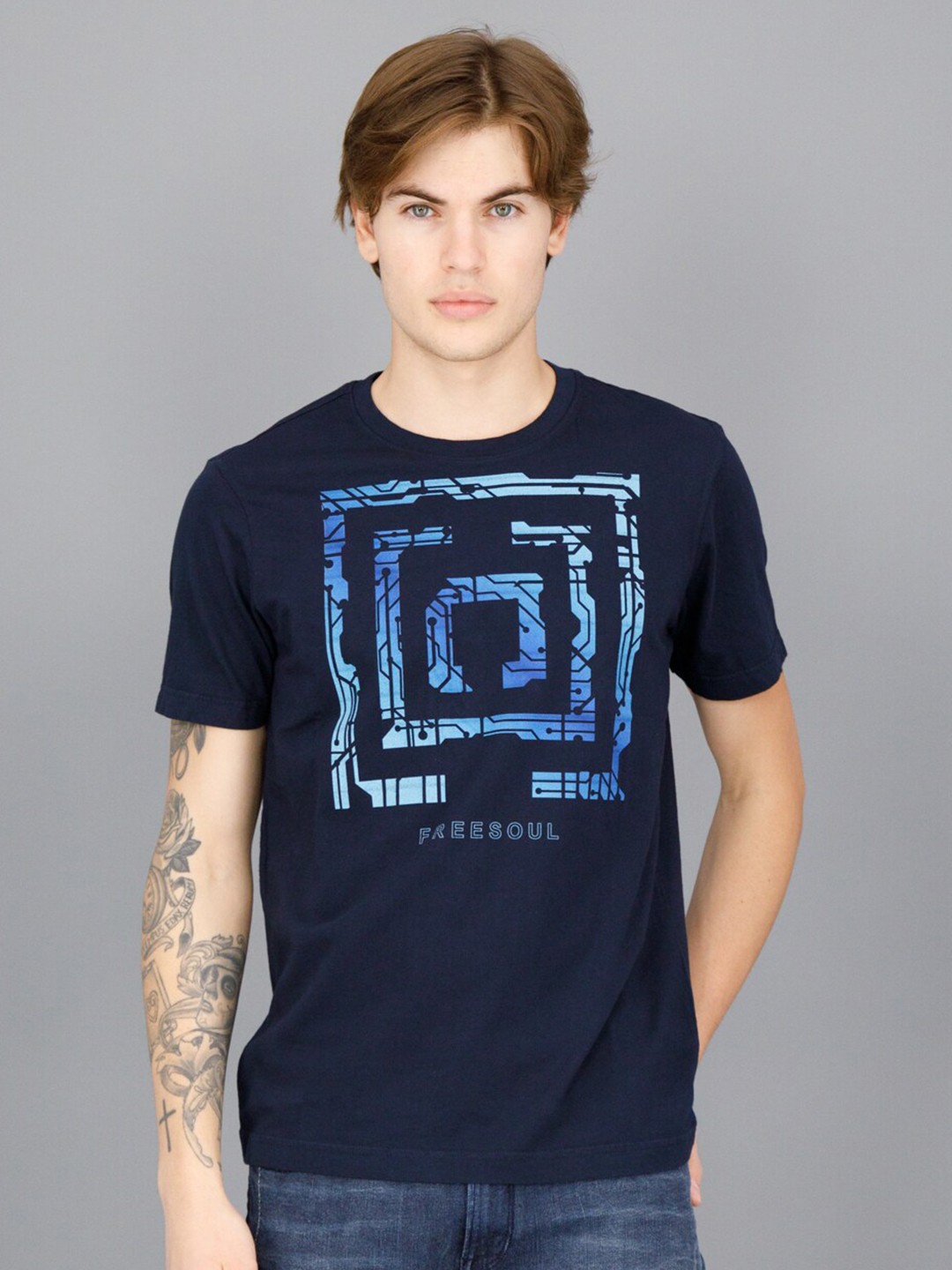 

FREESOUL Men Blue Printed T-shirt