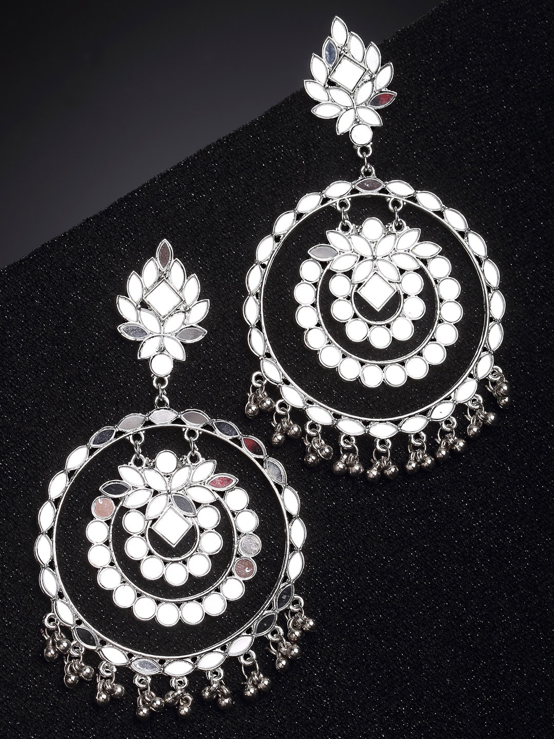 

KARATCART Women Silver Toned Silver Plated Mirror Studded Round Shape Drop Earrings