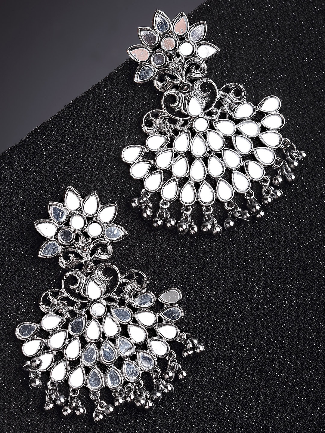 

KARATCART Black Silver Plated Mirror Studded Chandbalis Earrings