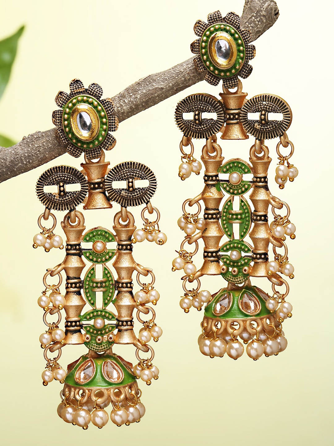 

KARATCART Gold-Plated & Lime Green Dome Shaped Jhumkas Earrings