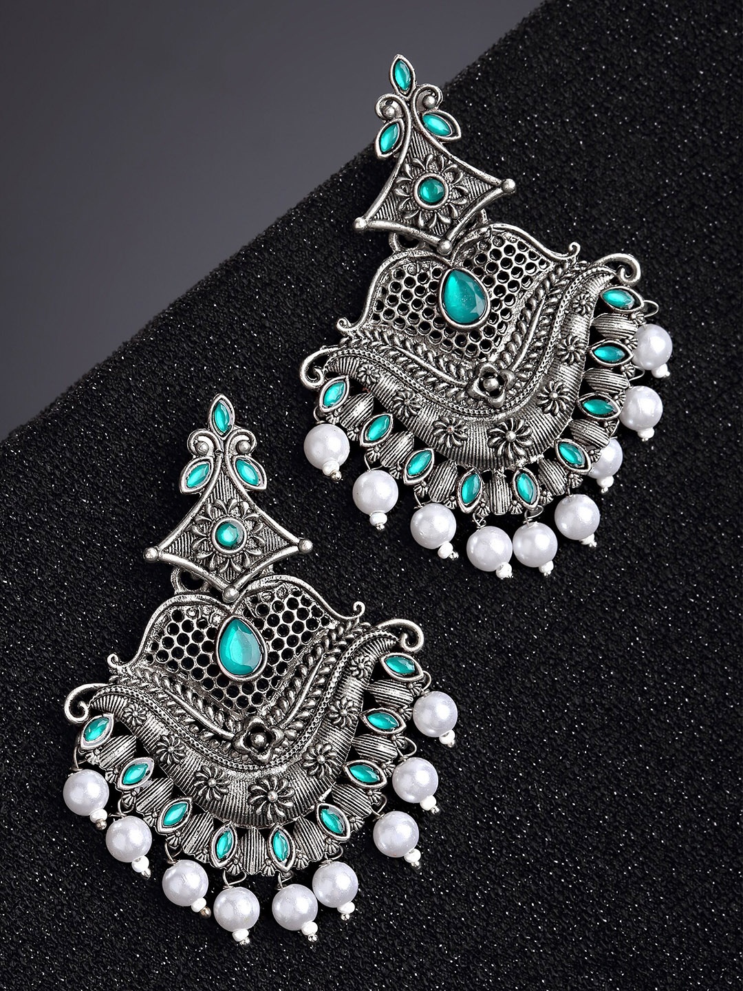 

KARATCART Silver-Plated & Green Classic Drop Earrings