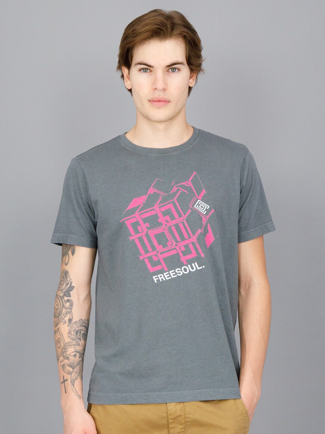 

FREESOUL Men Grey Printed T-shirt