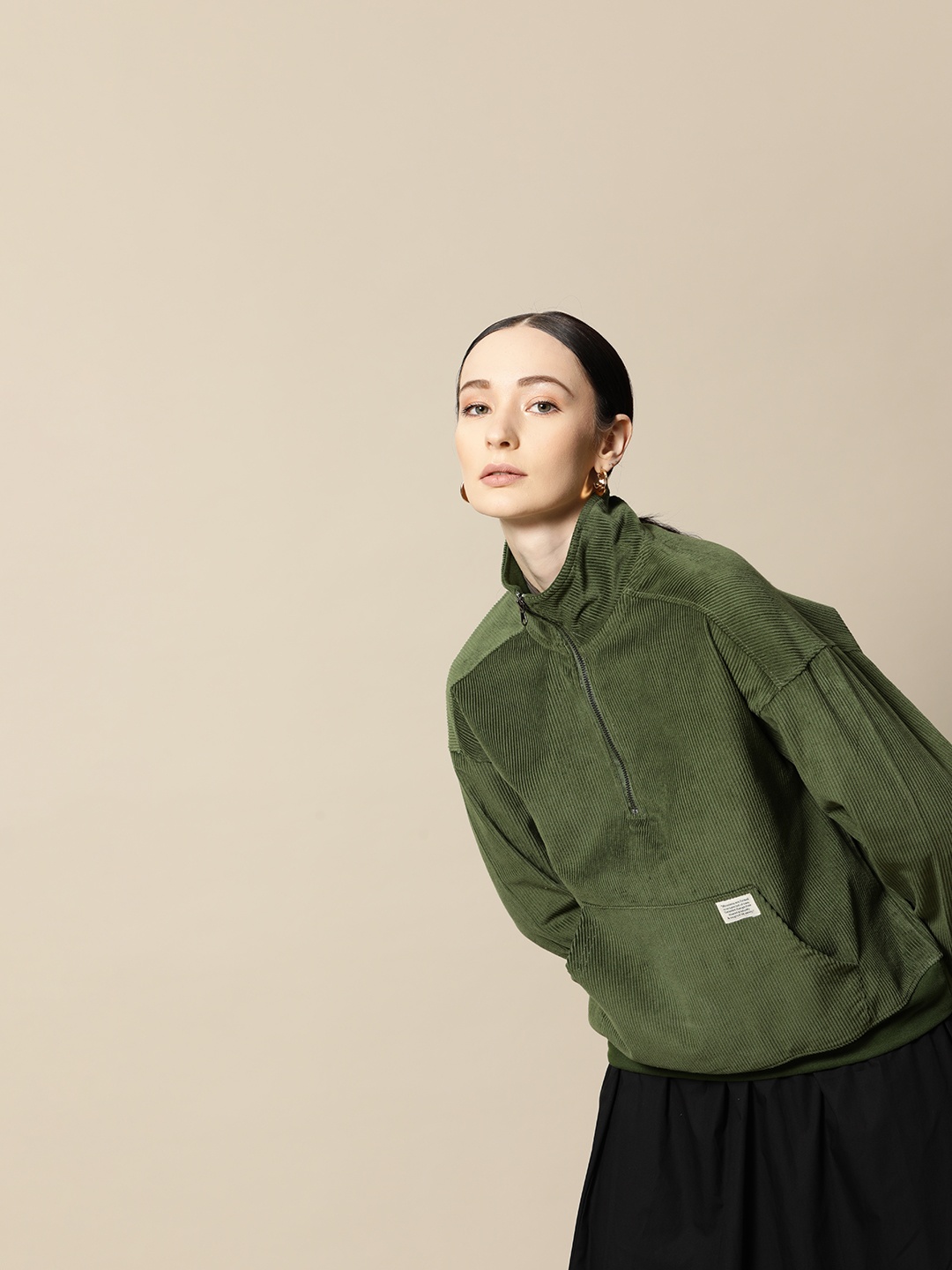 

BOWER Women Olive Green Pure Cotton Solid Sweatshirt
