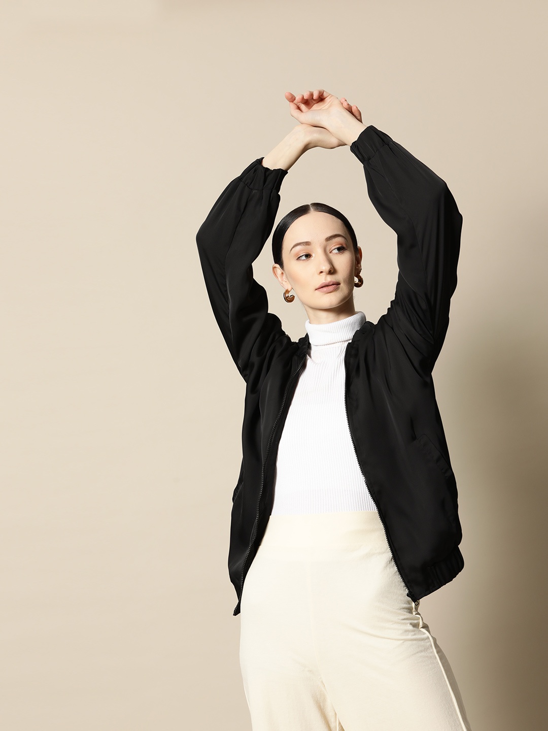 

BOWER Women Black Solid Bomber Jacket
