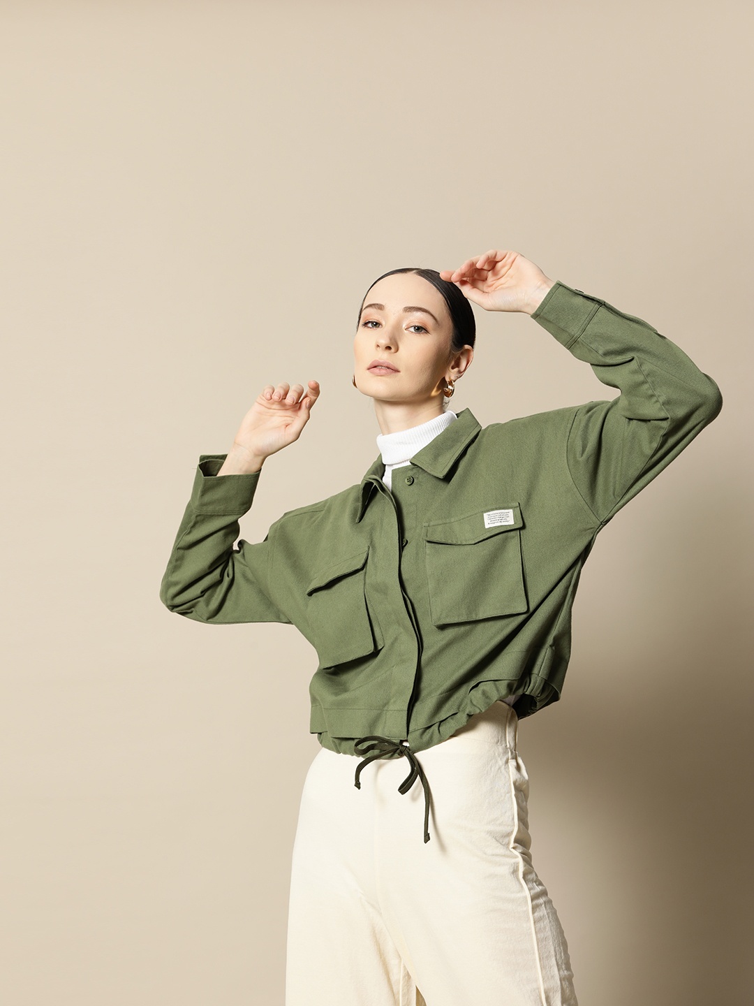 

BOWER Women Olive Green Solid Pure Cotton Tailored Jacket
