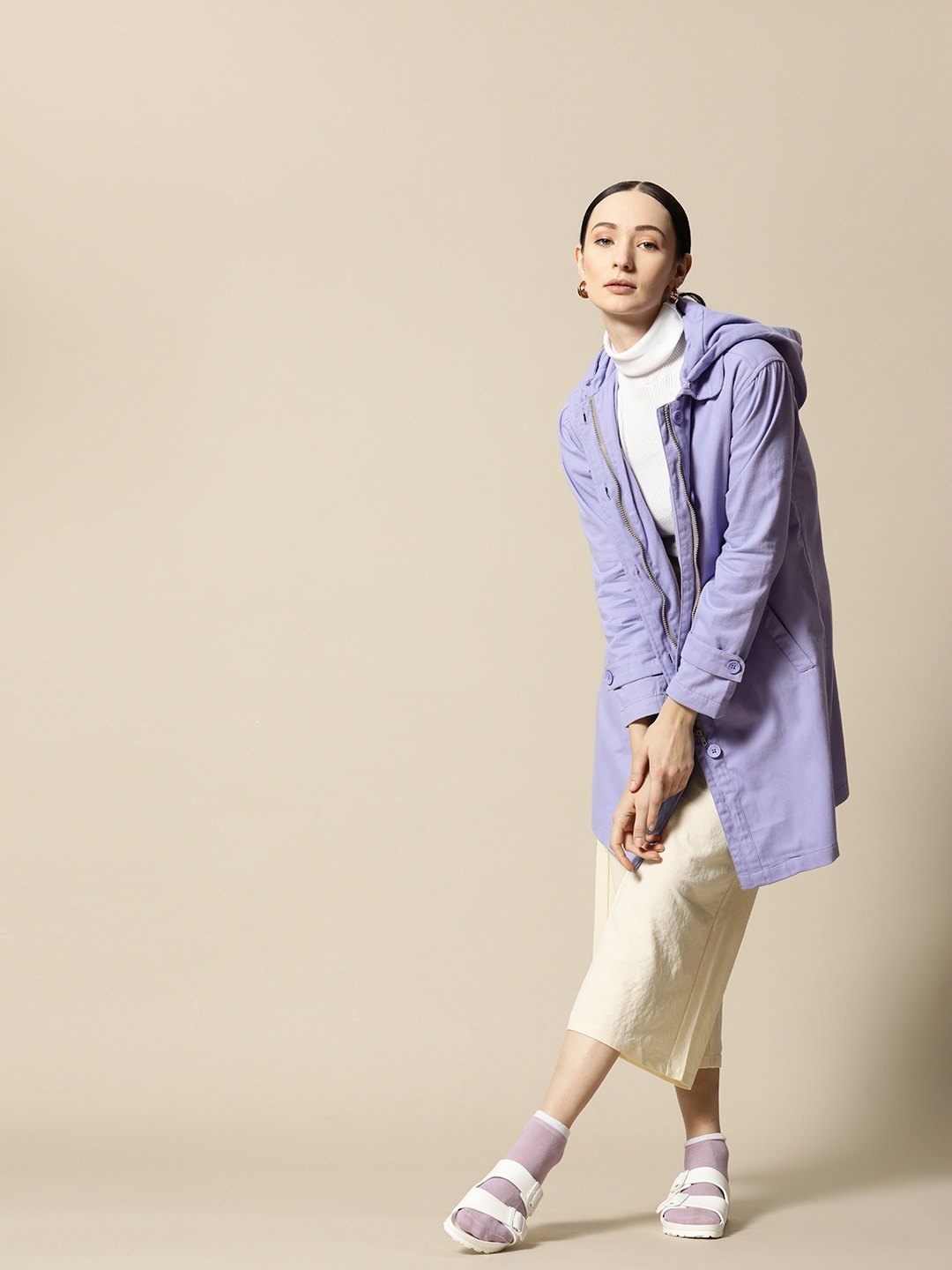 

BOWER Lavender Solid Pure Cotton Longline Tailored Jacket With Detachable Hood