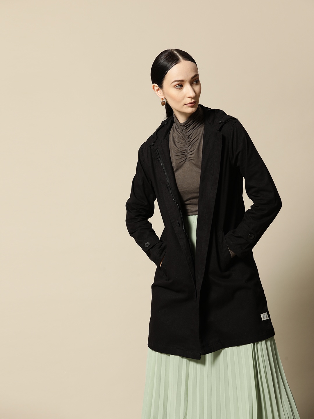 

BOWER Black Solid Pure Cotton Longline Tailored Jacket With Detachable Hood