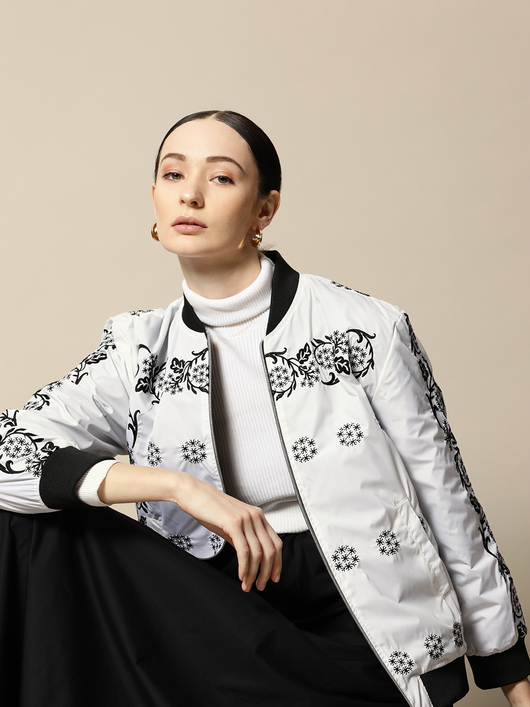 

BOWER Women White & Black Ethnic Embroidered Bomber Jacket