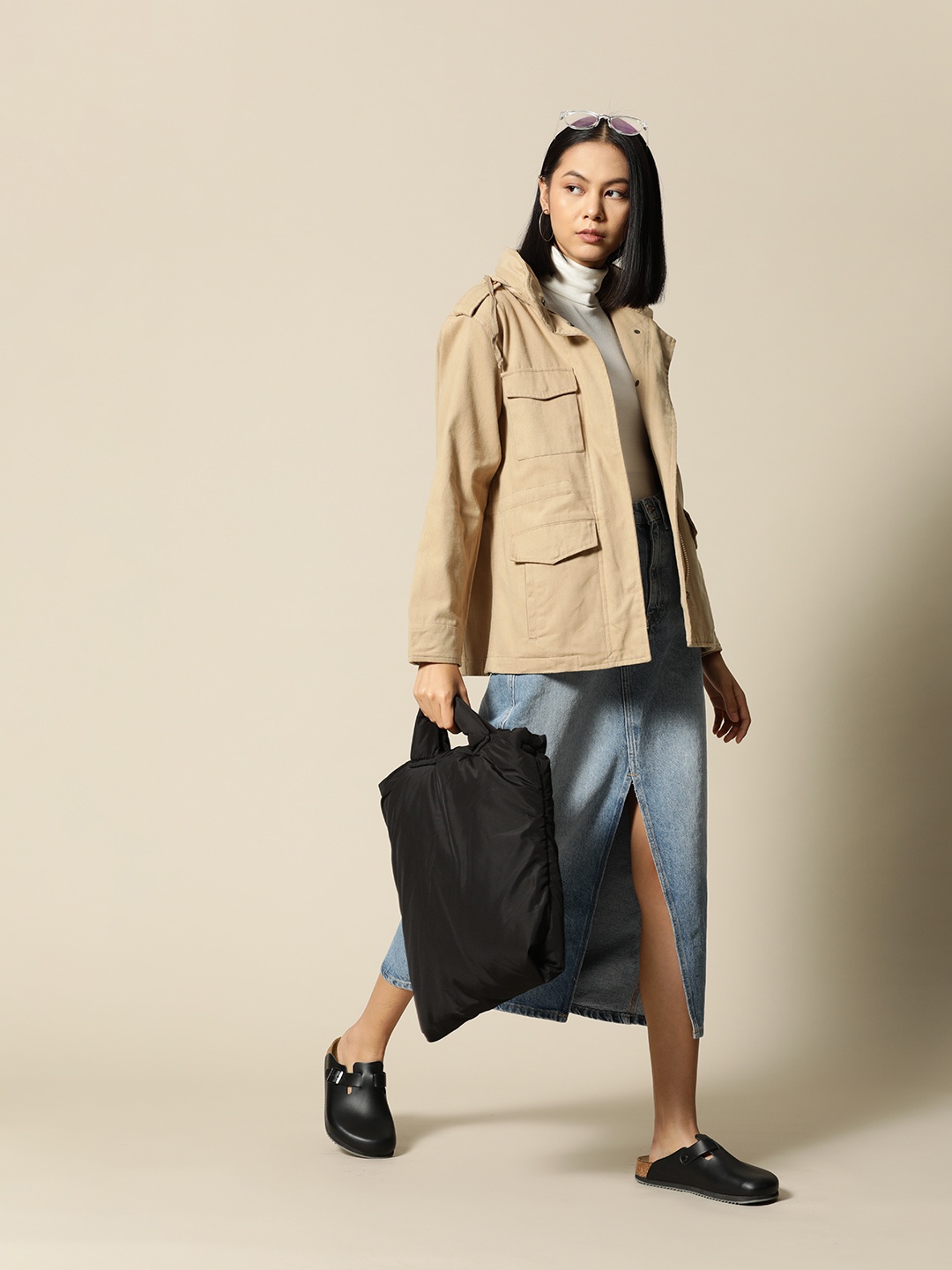 

BOWER Pure Cotton Pocket Detail Denim Jacket With Hood, Beige