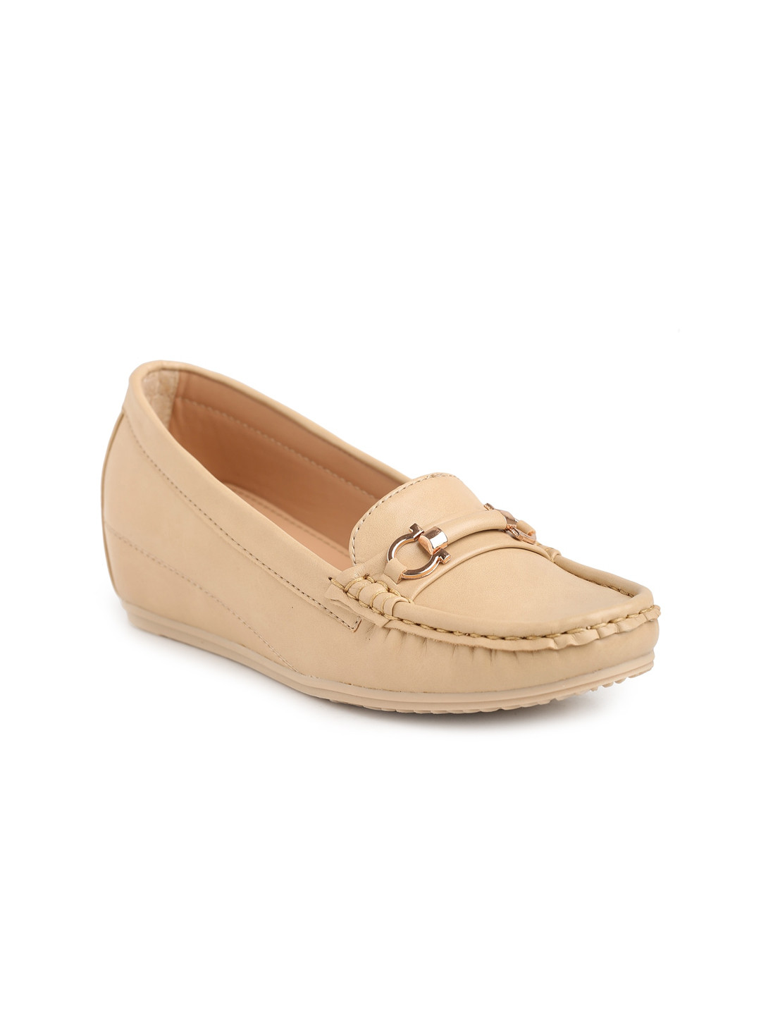 

Flat n Heels Women Beige Solid Horsebit Loafers