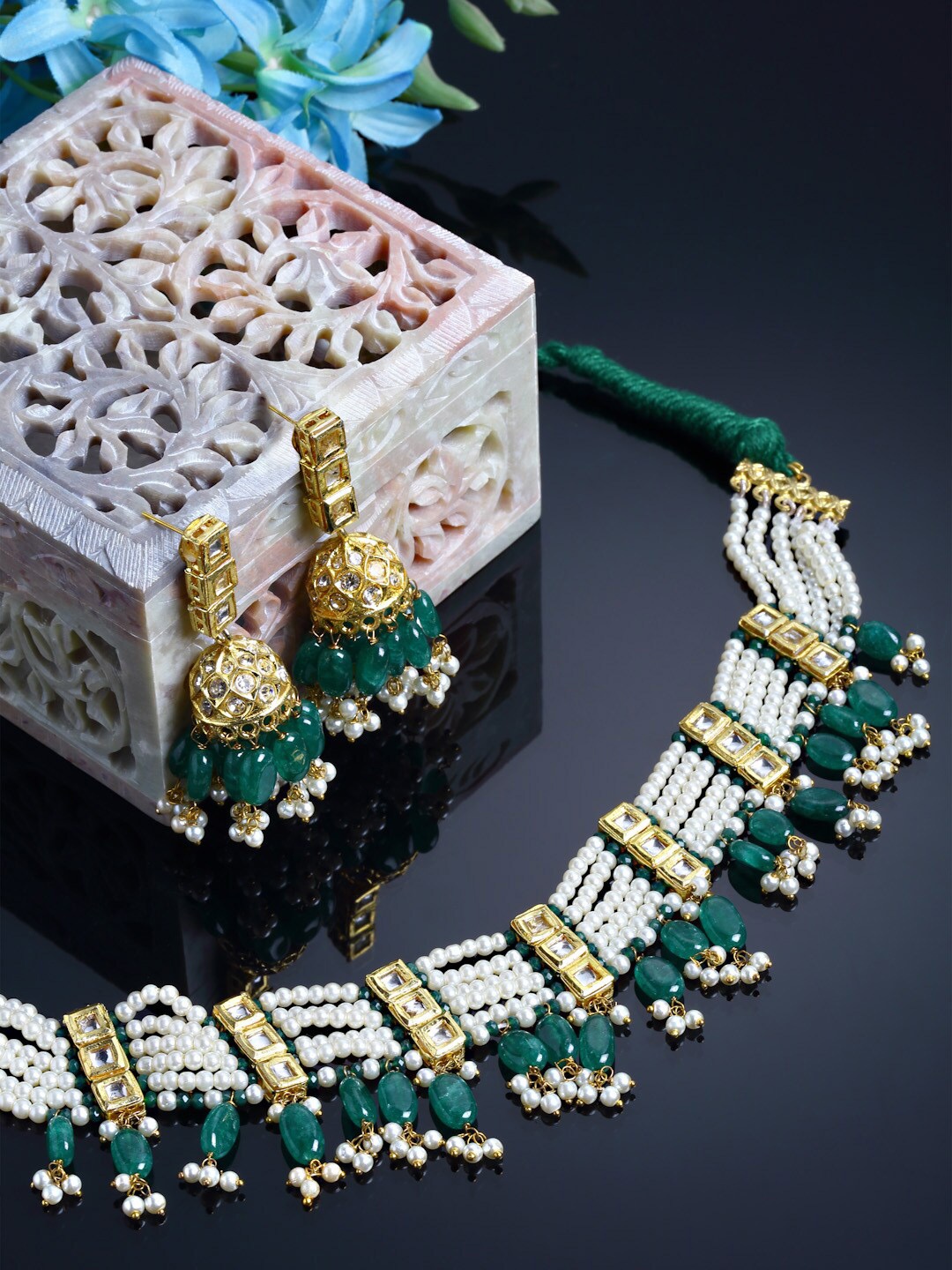 

DUGRISTYLE Gold-Plated Green Kundan & AD Studded & Beaded Jewellery Set