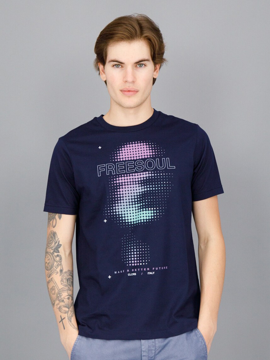 

FREESOUL Men Blue Printed Pure Cotton T-shirt